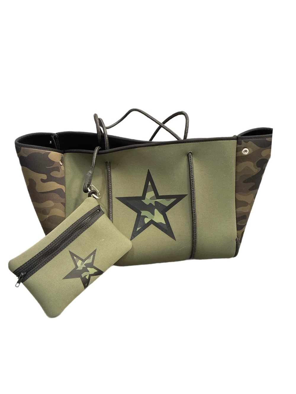 Haute Shore Greyson Hustler 2 Neoprene Tote Bag with Star Graphic in Camo Green